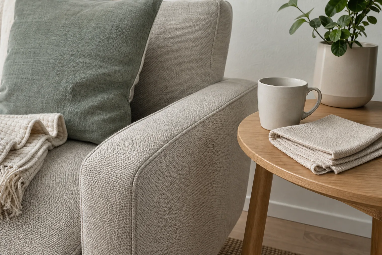 Keramikkopp och vikt duk på ett sidobord bredvid ett beige soffarmstöd